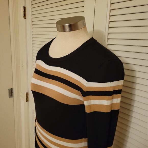 Striped Ribbed Knit Mini Dress Ronnie Kobo Long Sleeve Black Tan S/M - Picture 2 of 7